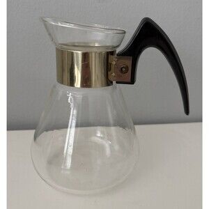 Vintage Corning Heat Proof Glass & Brass 2 Cup Mid Century Tea Coffee Carafe